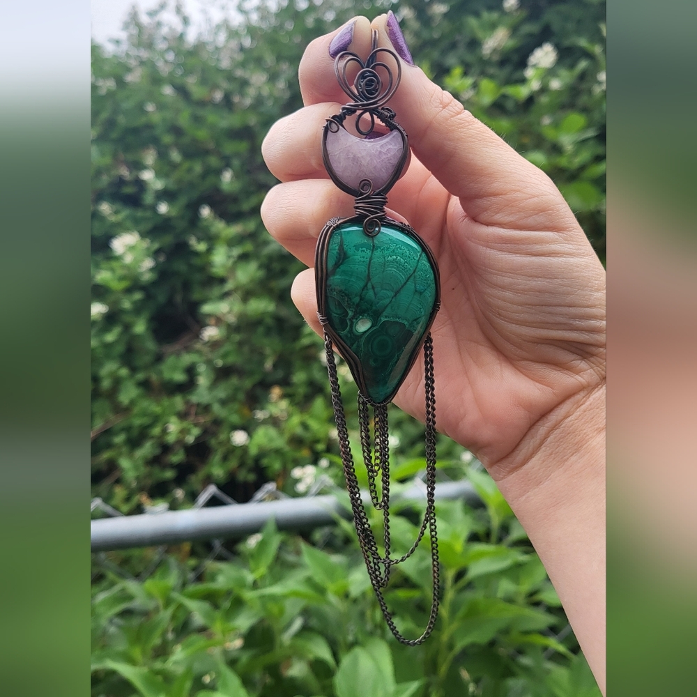 Malachite PINK Pink Kunzite Crescent Moon Pendant